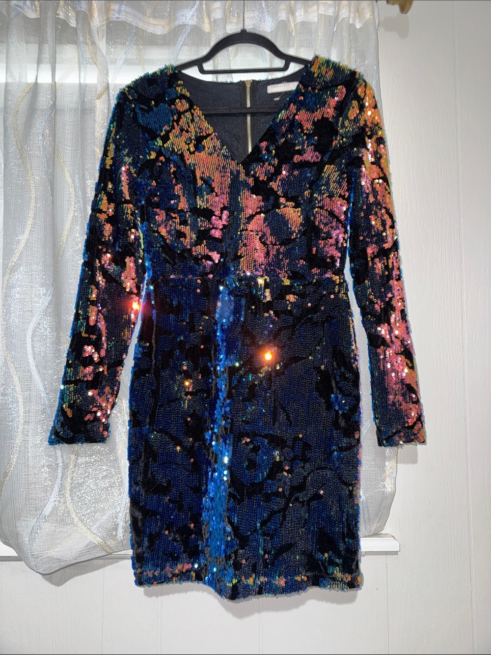 Long-Sleeve Multicolor Sequin V-Neck Dress